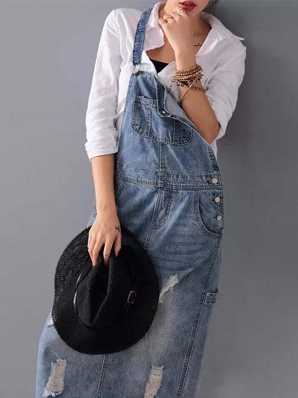 Franzi | Damen Latzkleid Jeans Lang mit Taschen Distressed