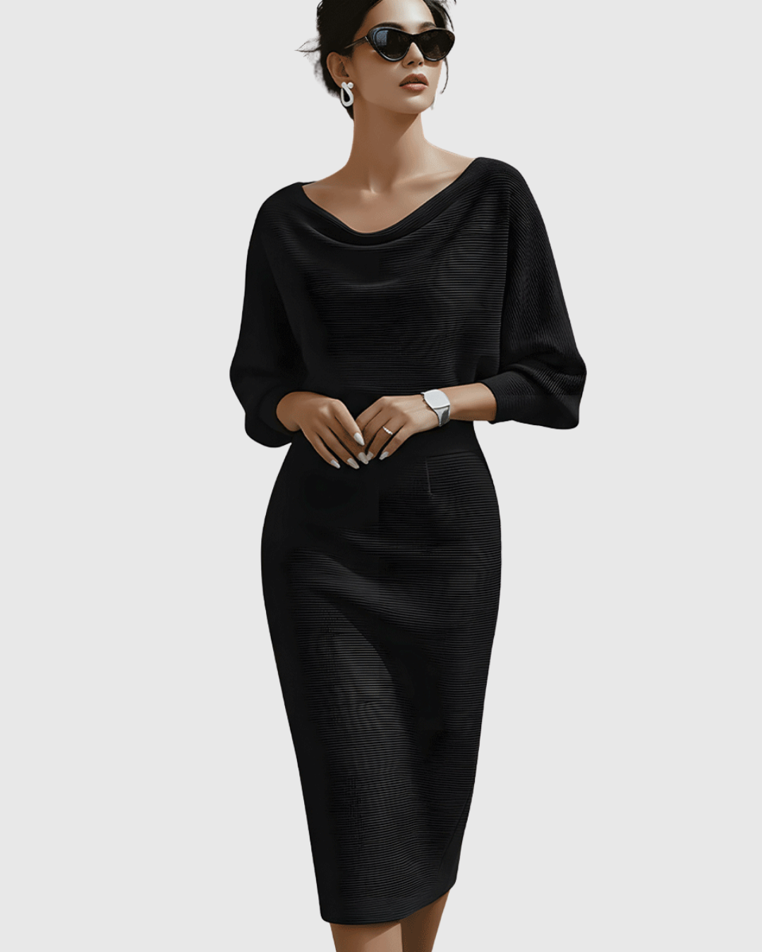 Nadine | Damen Midi Kleid Fledermausärmel Drapierter Ausschnitt Figurbetontes Kleid