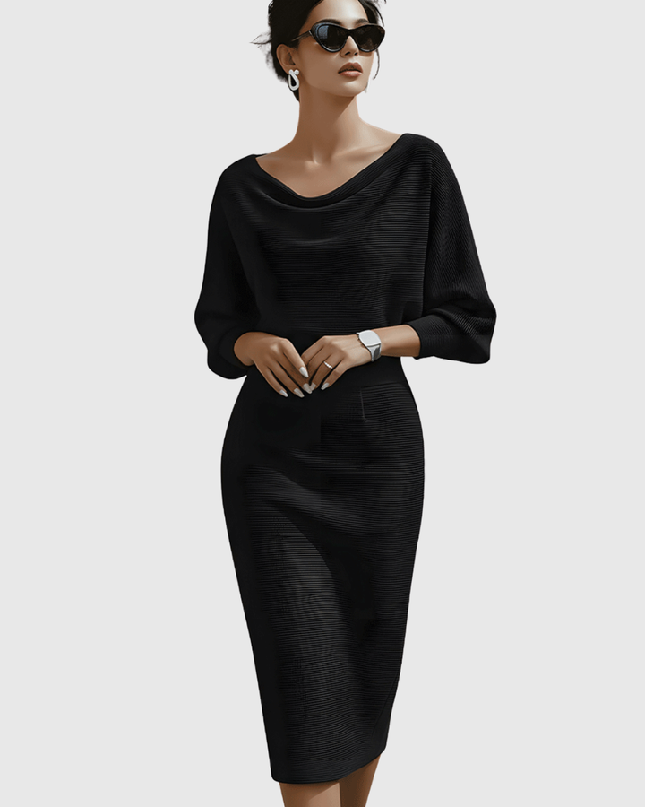Nadine | Damen Midi Kleid Fledermausärmel Drapierter Ausschnitt Figurbetontes Kleid
