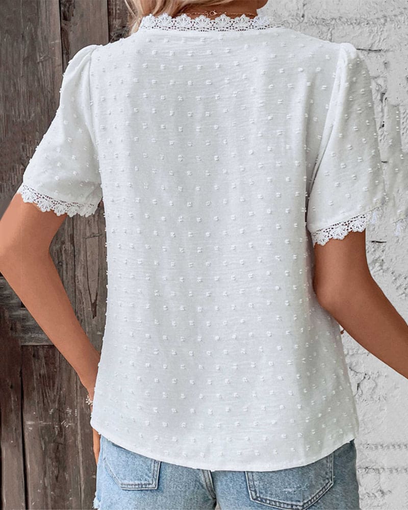 Elena | Damen Bluse Kurzarm mit V-Ausschnitt und Spitze
