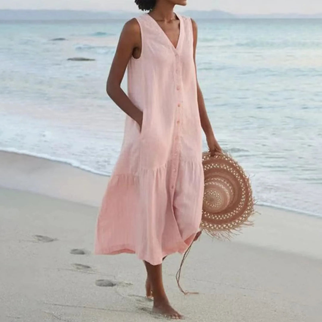 Lena | Ärmelloses Leinenkleid Damen V-Ausschnitt Midi Sommerkleid