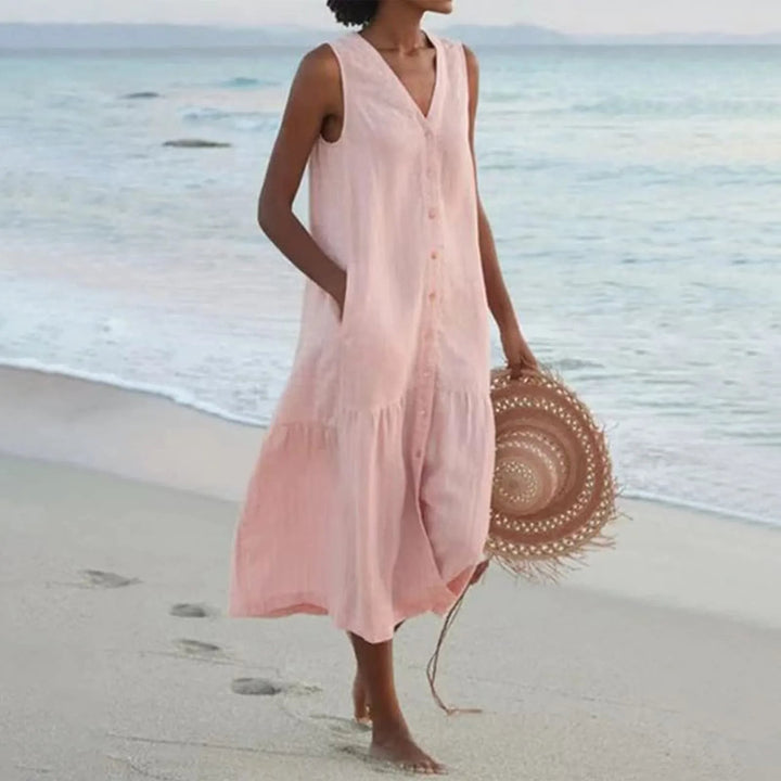 Lena | Ärmelloses Leinenkleid Damen V-Ausschnitt Midi Sommerkleid