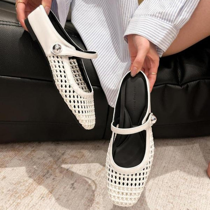 Goldie | Damen Mules Flach Mary Jane Geflochten Metallic Slipper