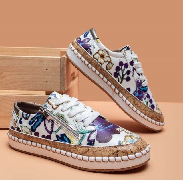 Meffa | Damen Plateau Sneaker Blumenmuster Reißverschluss Espadrille Stil