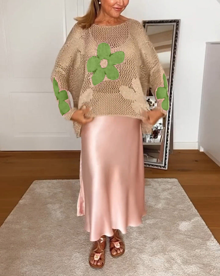 Frida | Damen Pullover Lochmuster Blumen Oversized