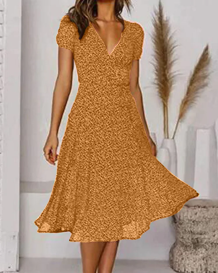 Mia | Damen Midi Kleid V-Ausschnitt Kurzarm A-Linie Sommerkleid