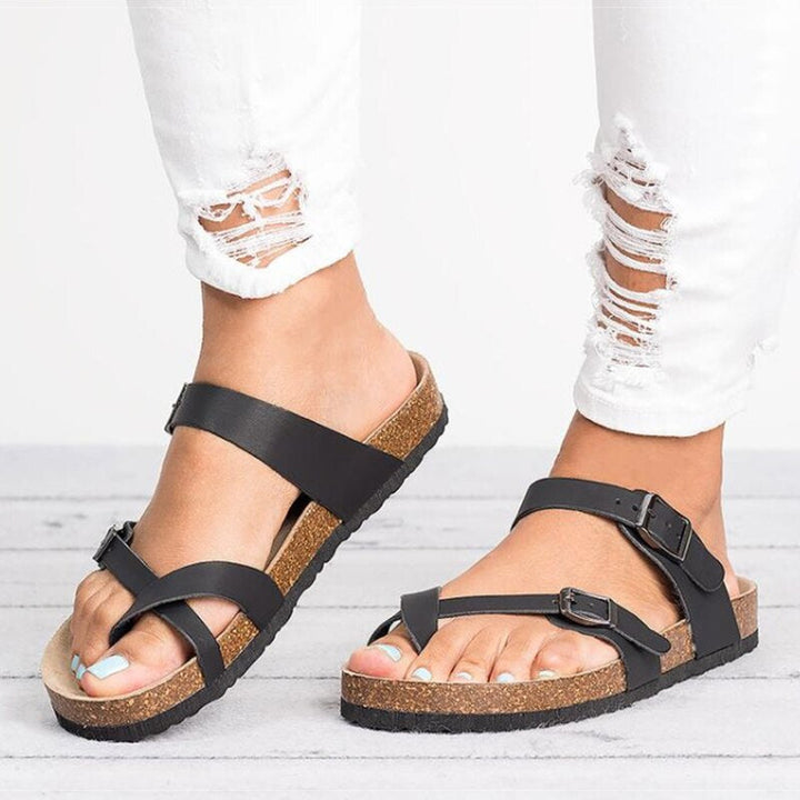 Gezel | Damen Kork Sandalen Zehensteg Schnalle Flach Sommer