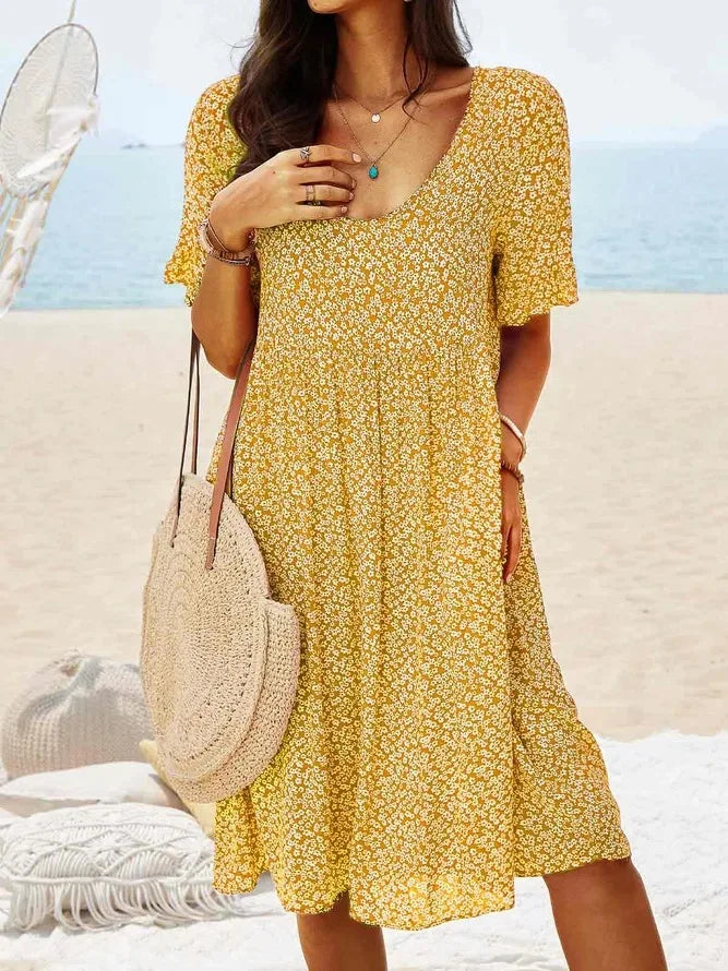 Mara | Damen Sommerkleid Blumen Kurzarm V-Ausschnitt mit Taschen