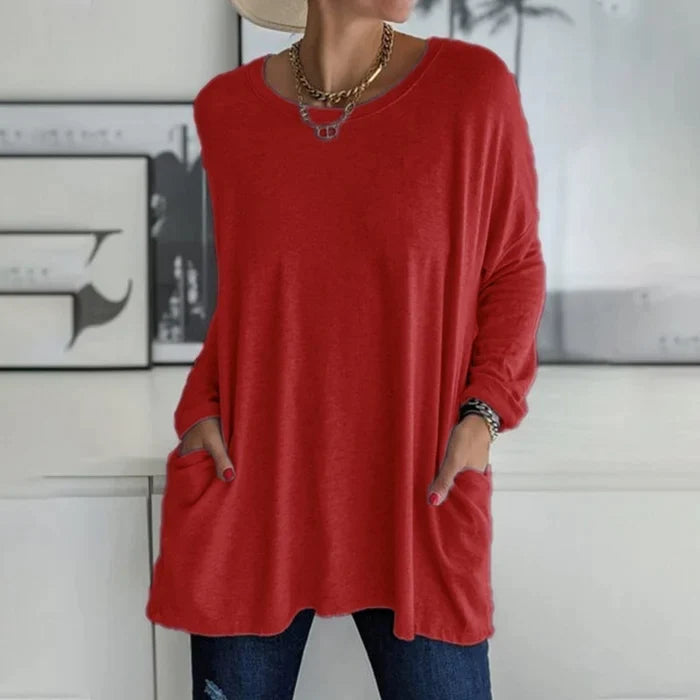 Noja | Damen Longshirt Übergroß Rundhals Seitentaschen Herbst