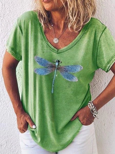 Taira | Damen T-Shirt V-Ausschnitt Libellen Print Kurzarm