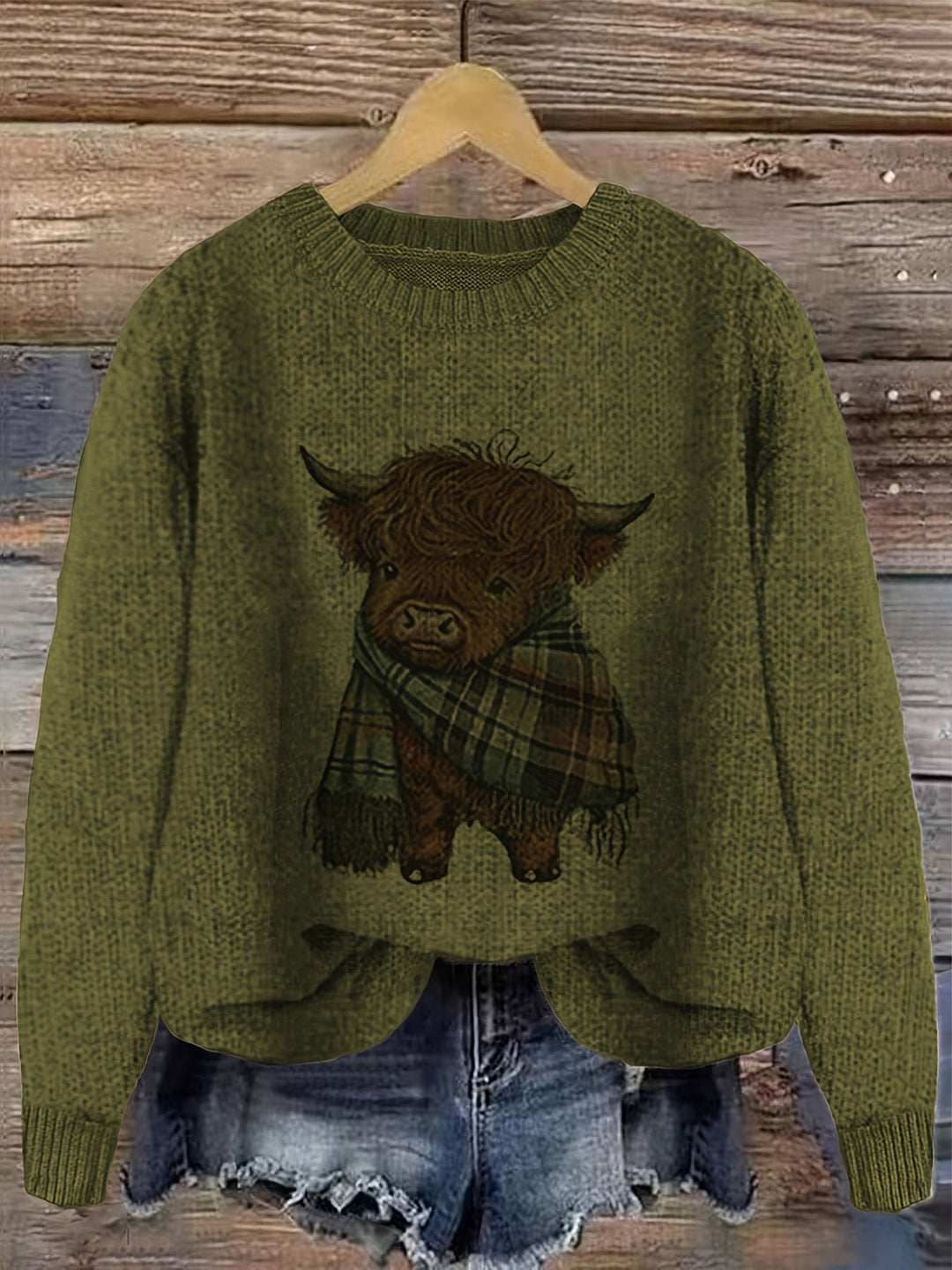 Hildveke | Damen Strickpullover Highland Kuh Motiv