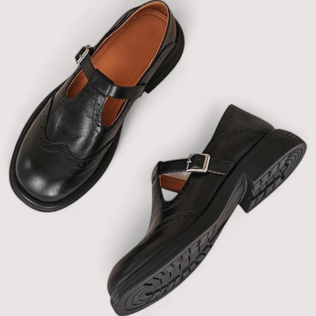 Rosa | Damen Mary Jane Schuhe Brogues Schnalle Flach Leder-Optik