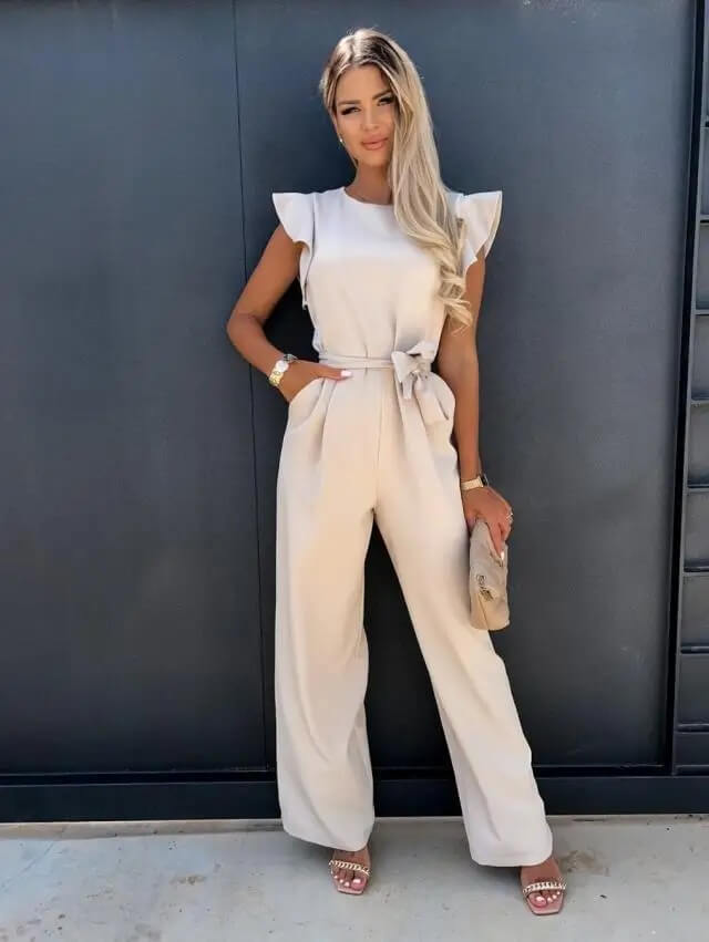 Pearl | Damen Jumpsuit Rüschenärmel Weites Bein Bindegürtel Elegant