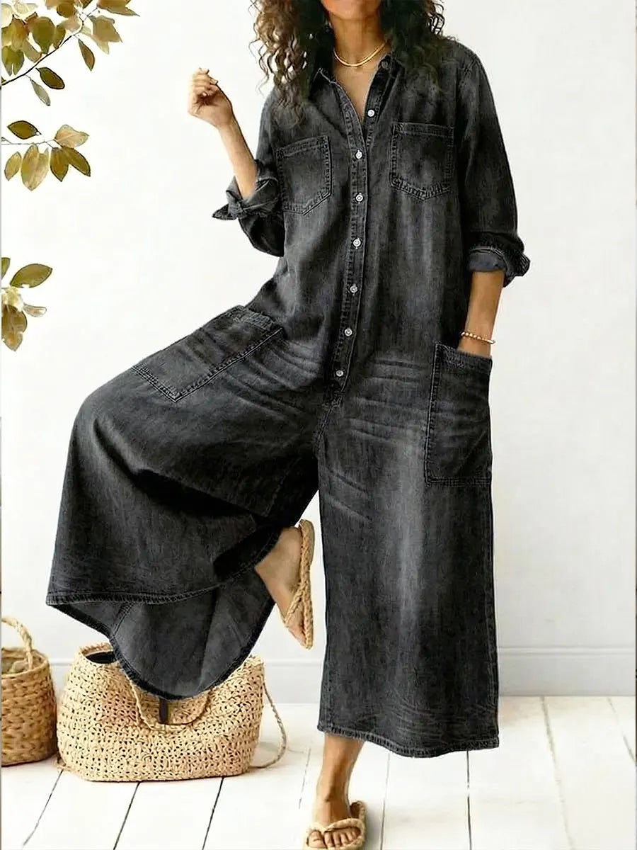 Denima | Damen Jeans Jumpsuit Langarm Knopfleiste Weites Bein Overall