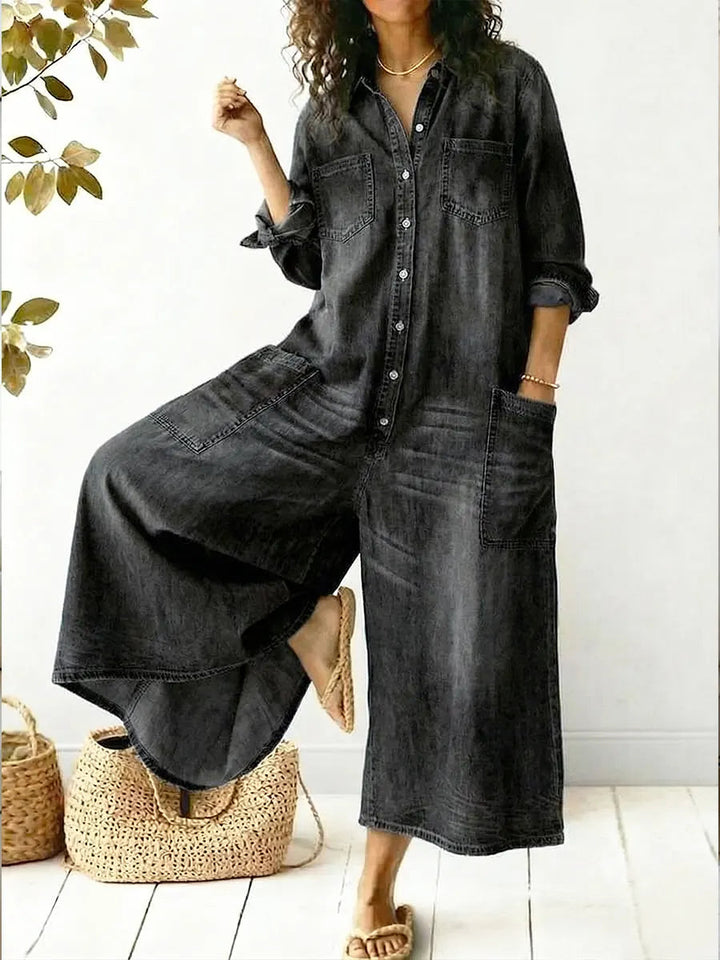 Denima | Damen Jeans Jumpsuit Langarm Knopfleiste Weites Bein Overall