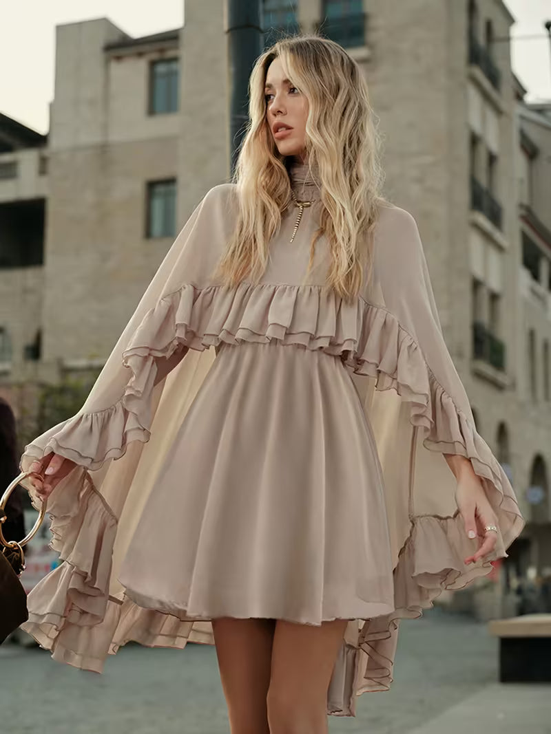 Seraphina | Damen Chiffon Maxikleid mit Umhang, Rüschen festlich
