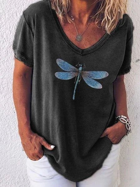 Taira | Damen T-Shirt V-Ausschnitt Libellen Print Kurzarm