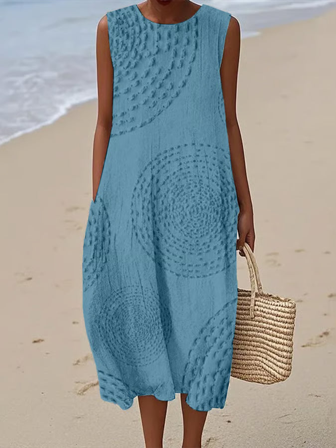 Clara | Damen Sommerkleid Ärmellos Midi Kleid Strukturiert Rundhals