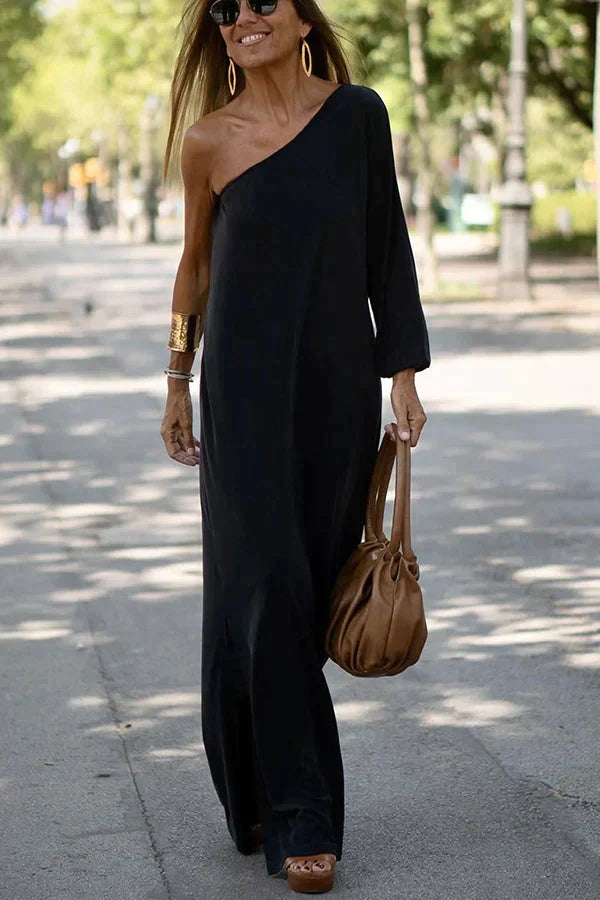 Greta | Damen One-Shoulder Maxikleid Lang Einfarbig Schlitz