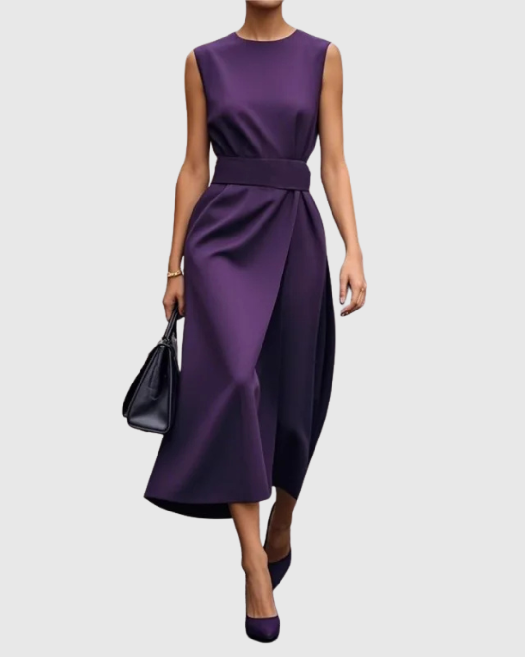 Amber | Damen Midi Kleid Ärmellos Rundhals Taillendrapierung Elegantes Kleid
