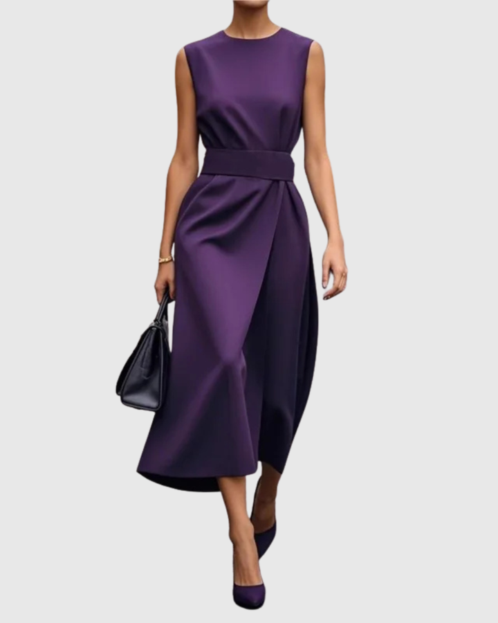 Amber | Damen Midi Kleid Ärmellos Rundhals Taillendrapierung Elegantes Kleid