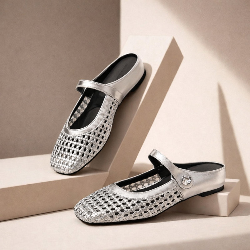Goldie | Damen Mules Flach Mary Jane Geflochten Metallic Slipper