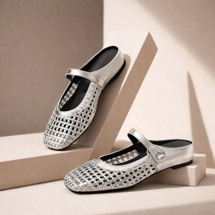 Goldie | Damen Mules Flach Mary Jane Geflochten Metallic Slipper