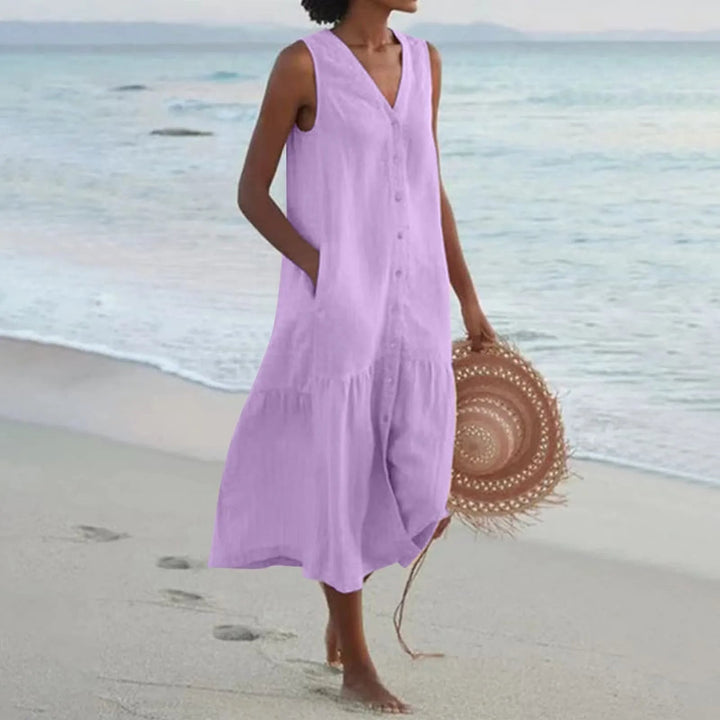 Lena | Ärmelloses Leinenkleid Damen V-Ausschnitt Midi Sommerkleid