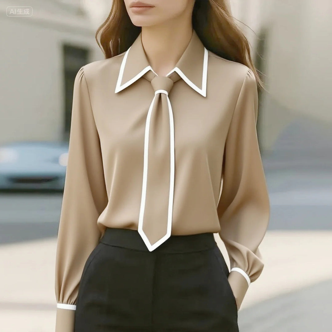 Cici | Damen Bluse Krawatte Kontrastpaspel Langarm Elegant