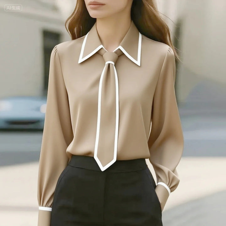 Cici | Damen Bluse Krawatte Kontrastpaspel Langarm Elegant