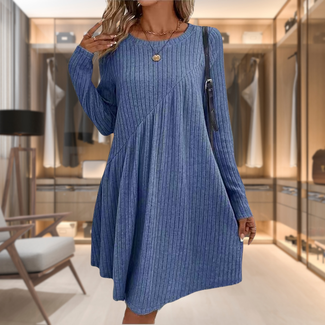 Jena | Damen kleid Langarm Rundhals A-Linie Midi