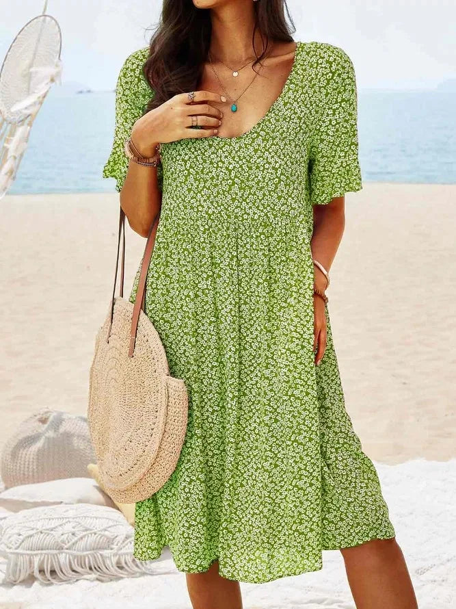 Mara | Damen Sommerkleid Blumen Kurzarm V-Ausschnitt mit Taschen