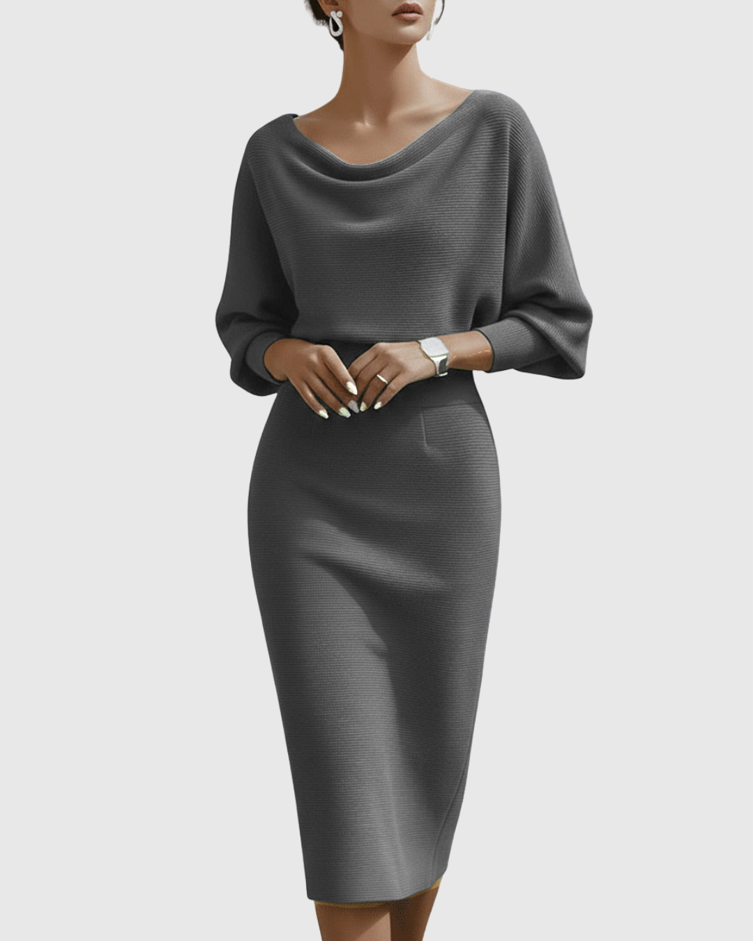 Nadine | Damen Midi Kleid Fledermausärmel Drapierter Ausschnitt Figurbetontes Kleid