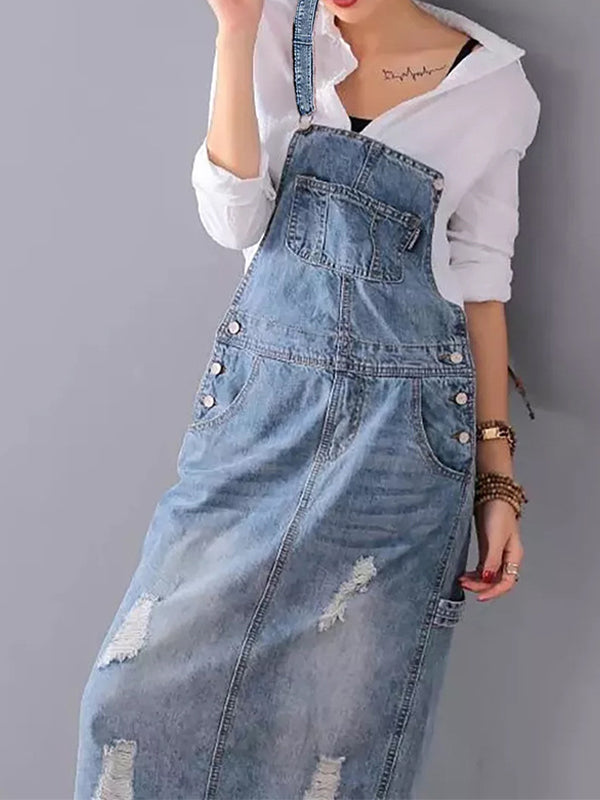 Franzi | Damen Latzkleid Jeans Lang mit Taschen Distressed