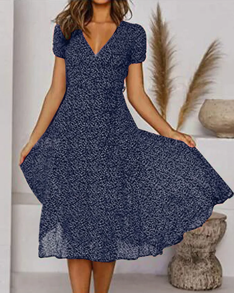 Mia | Damen Midi Kleid V-Ausschnitt Kurzarm A-Linie Sommerkleid