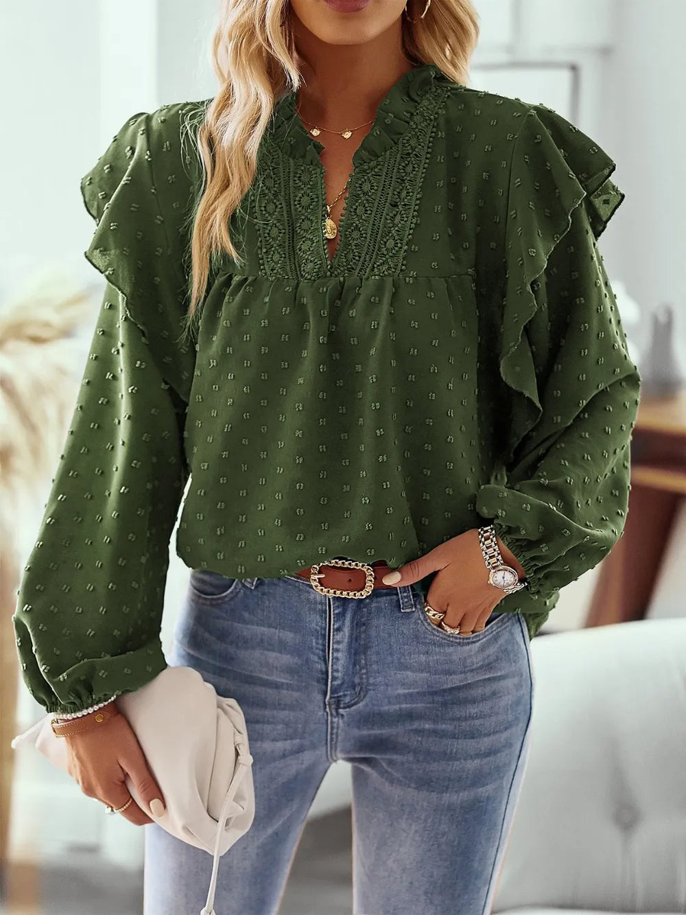 Clara | Damen Spitzenbluse V-Ausschnitt Rüschen Boho Bluse