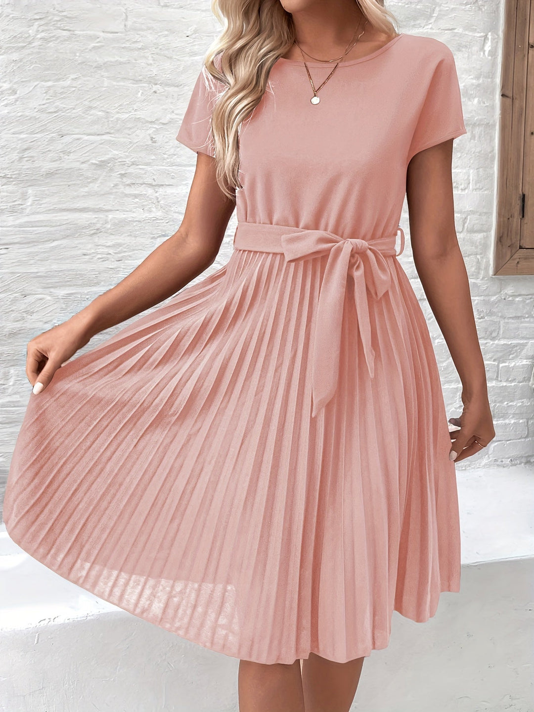 Elise | Damen Plissee Kleid Kurzarm Bindegürtel Midi