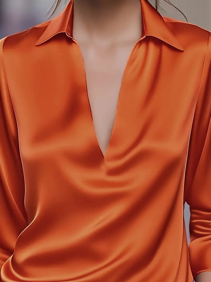 Stella | Damen Satin Bluse Langarm V-Ausschnitt Elegant