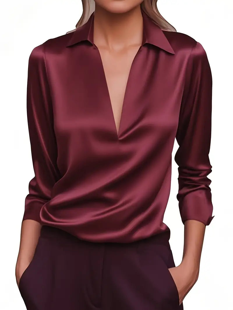 Stella | Damen Satin Bluse Langarm V-Ausschnitt Elegant