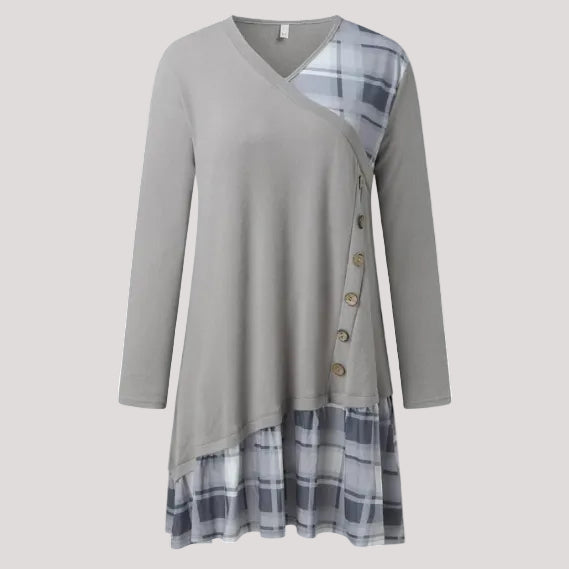 Lena | Damen Longshirt Kleid Kariert V-Ausschnitt Asymmetrisch