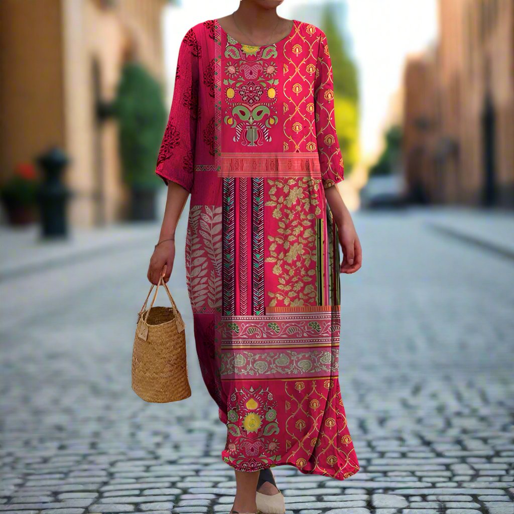 Farlie | Damen Boho Maxikleid Ethno Muster 3/4 Ärmel Strandkleid