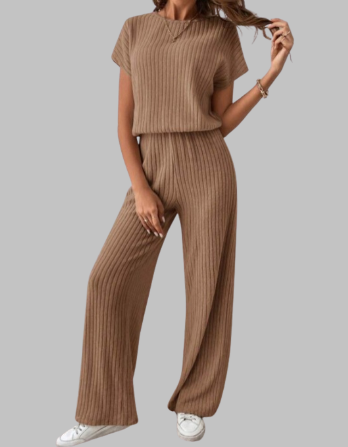 Paula | Damen Rippstrick-Set Kurzarm Top Weite Hose Casual