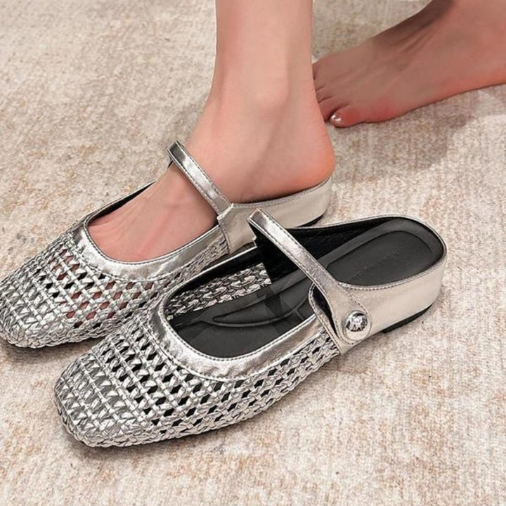 Goldie | Damen Mules Flach Mary Jane Geflochten Metallic Slipper