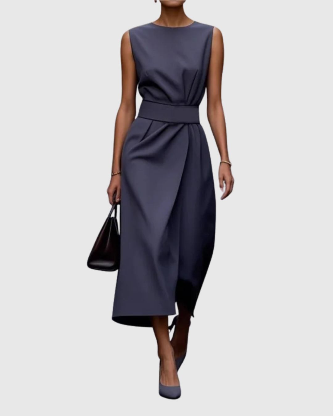 Amber | Damen Midi Kleid Ärmellos Rundhals Taillendrapierung Elegantes Kleid
