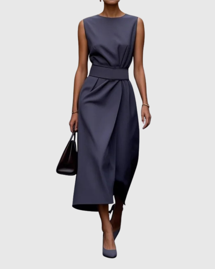 Amber | Damen Midi Kleid Ärmellos Rundhals Taillendrapierung Elegantes Kleid