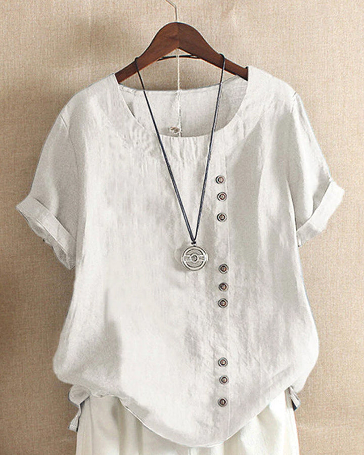Janice | Damen bluse Kurzarm Rundhals Knopfleiste Sommer