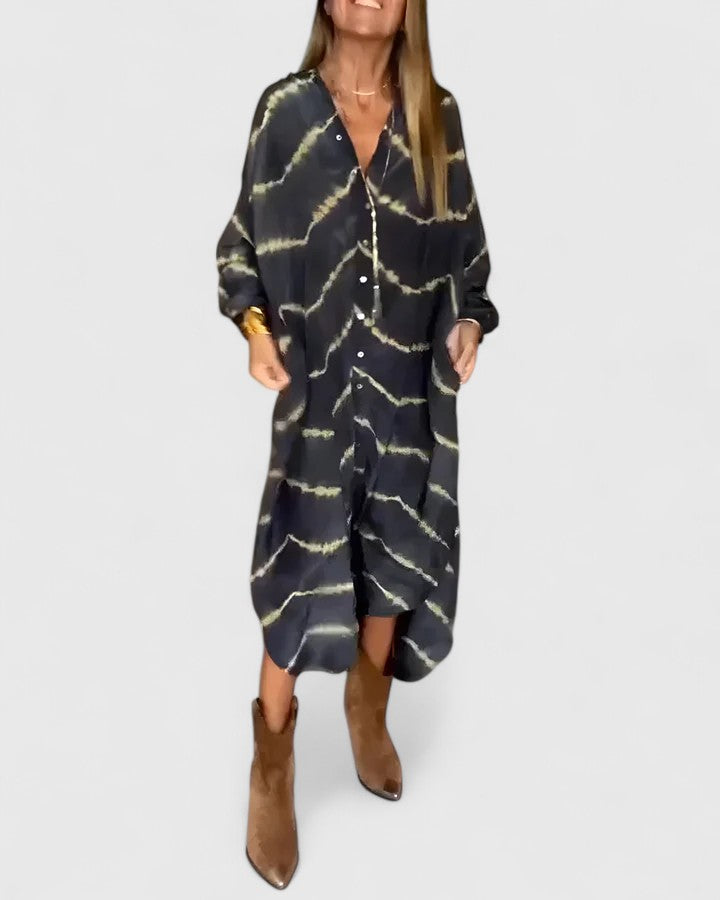 Ramia | Damen Hemdkleid Maxi Langarm Tie-Dye Muster V-Ausschnitt
