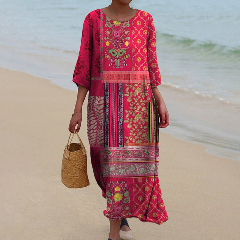 Farlie | Damen Boho Maxikleid Ethno Muster 3/4 Ärmel Strandkleid
