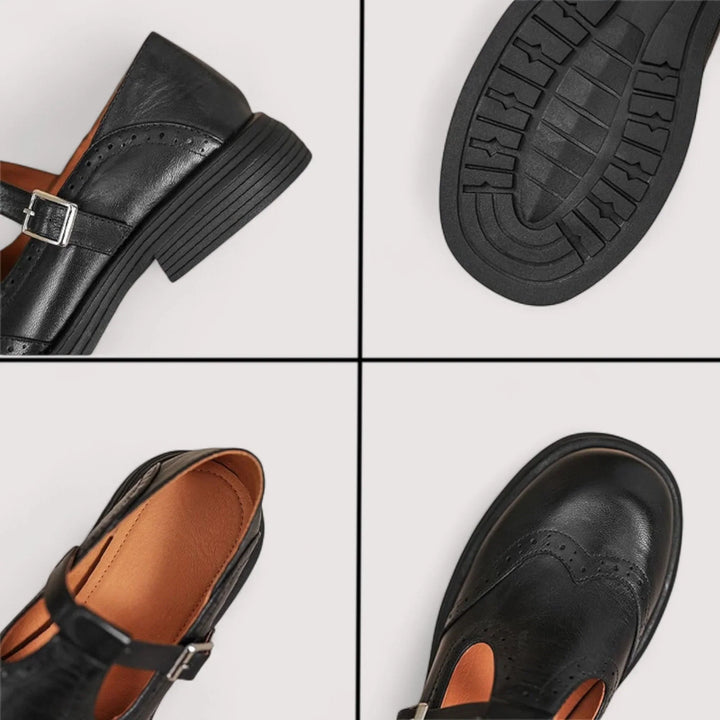 Rosa | Damen Mary Jane Schuhe Brogues Schnalle Flach Leder-Optik