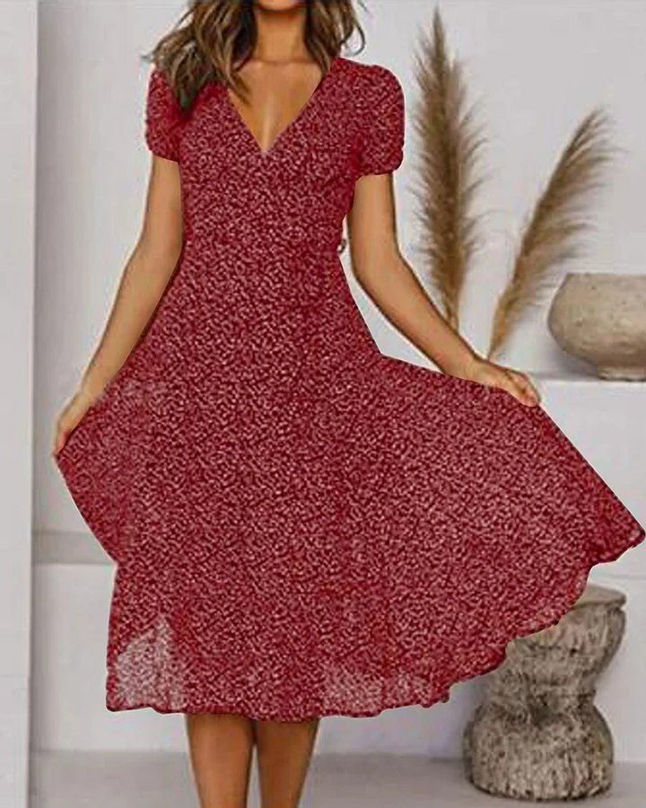 Mia | Damen Midi Kleid V-Ausschnitt Kurzarm A-Linie Sommerkleid